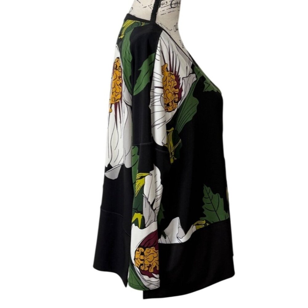 Eva Varro Floral Print Top Black Green White 3/4 Sleeve Womens Size L - Picture 2 of 6